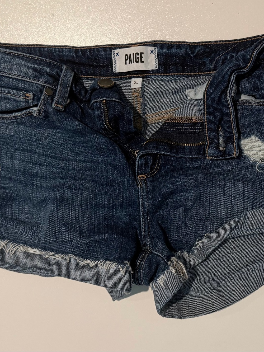 PAIGE Dark Indigo Distressed Denim Cutoff Shorts